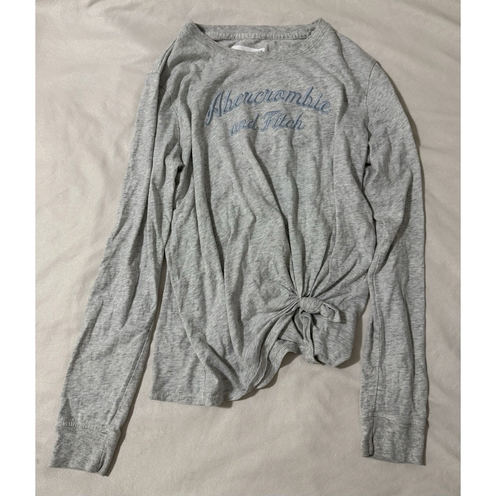 Abercrombie Kids Girls Gray Embroidered Logo Front Knot Long Sleeve Tee 15/16 XL